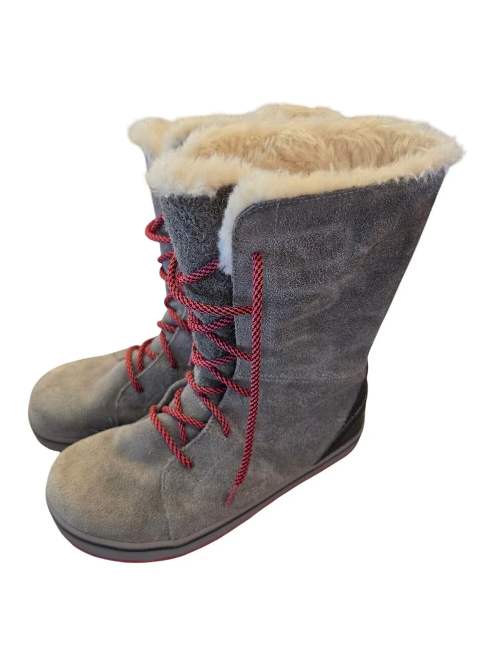 Sorel Women's Sz 7.5 Glacy Lace Snow Boots Gray Suede w/ Red Laces